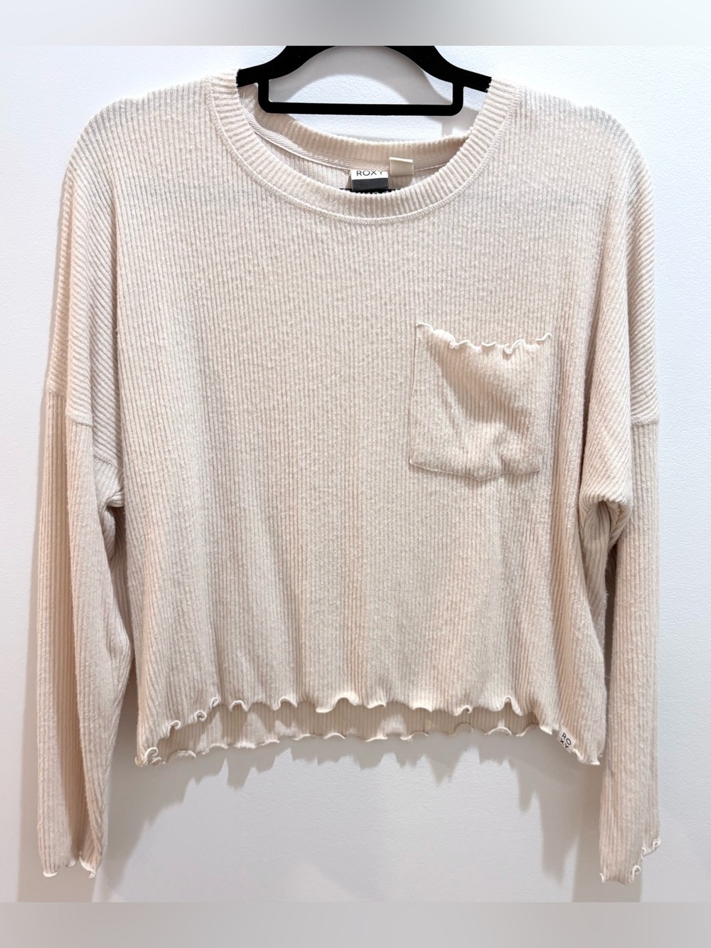 Roxy Cozy Day Rib Knit Top Size M Relaxed Fit Semi-Cropped Tapioca Ivory Cream
